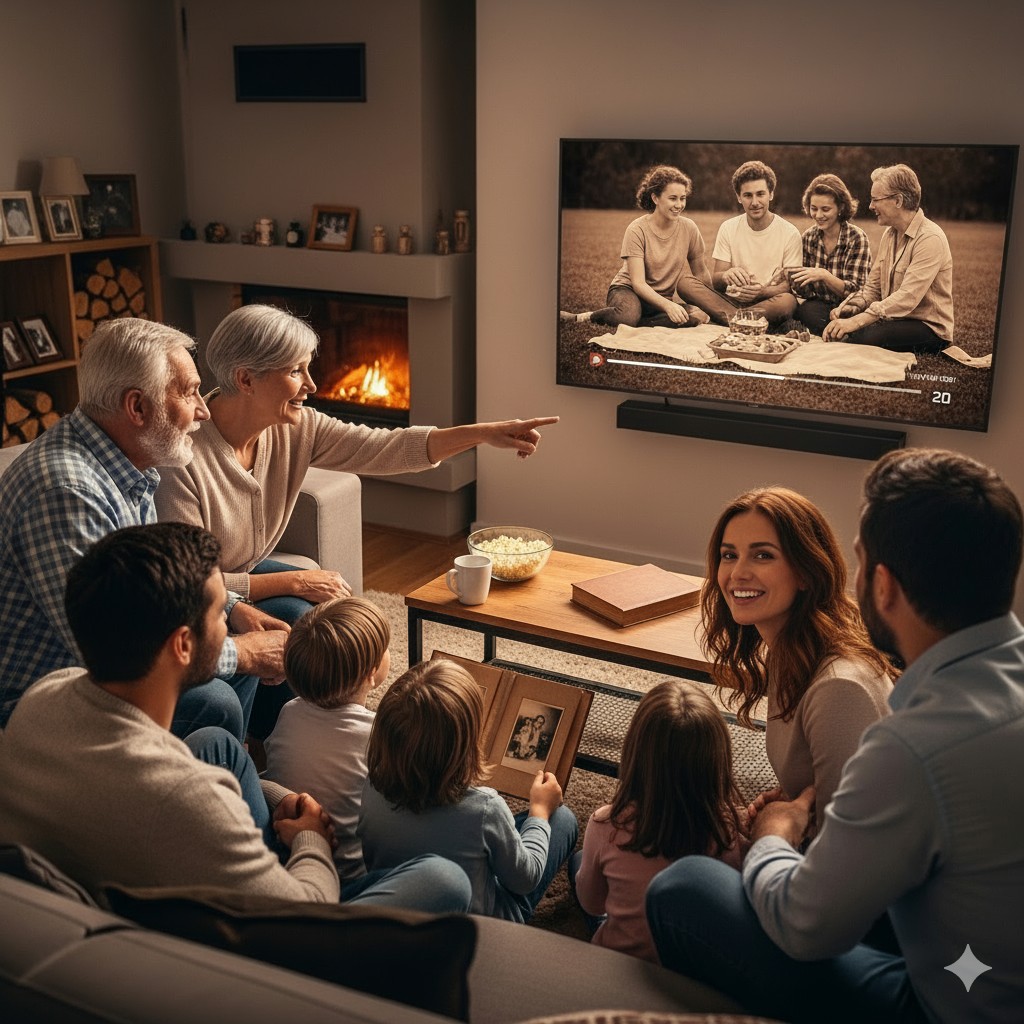 Család néz régi felvételeket